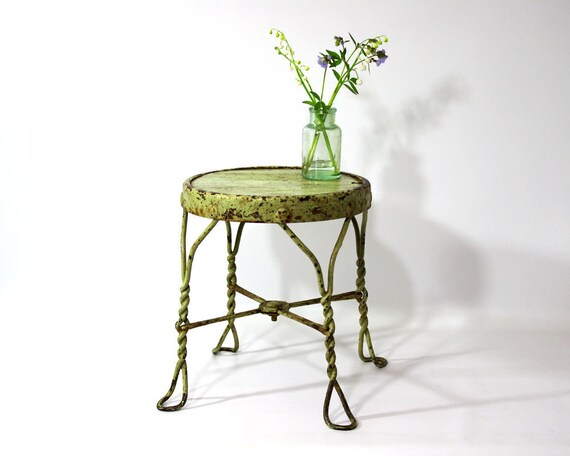 Vintage Metal & Wood Stool Mint Green Rustic Chippy