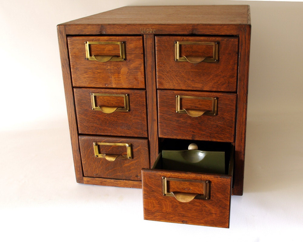 Wood Library Card File Six Drawer Globe Wernicke