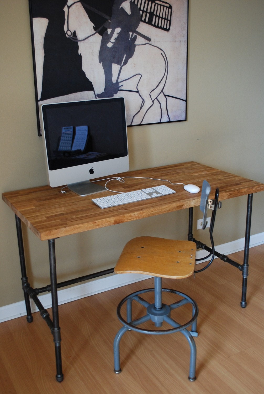 Industrial desk with Oak top and steel pipe legs