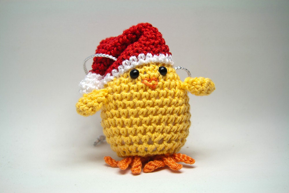 Christmas Tree Ornament Yellow Chicken with Santa Hat by minibytes
