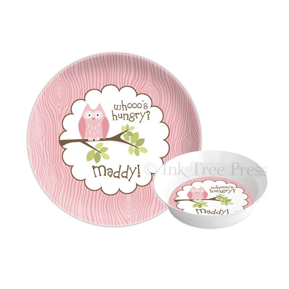 Items similar to Personalized Melamine Plate and Bowl Set Woodland Owl on Etsy