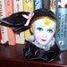 VINTAGE Porcelain Harlequin Clown Porcelain HEAD Shelf Sitter Black Fabric Gorgeous Face Shiny Finish (Y212)