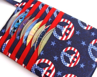 Cd Case Dvd Holder Video Game Storage Blu Ray Disc Case - USA Flag Peacesigns Fabric