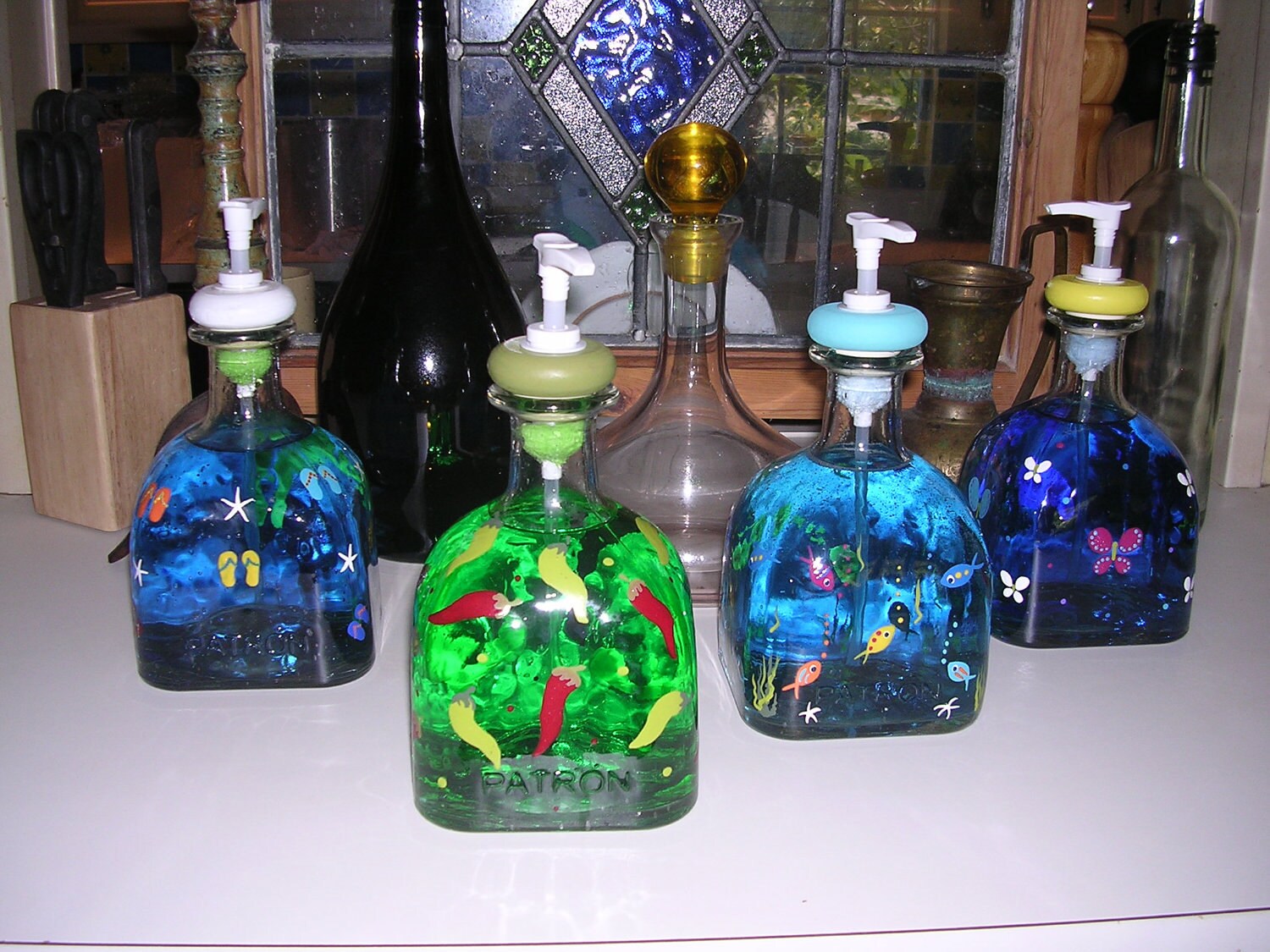 Recycled handpainted glass bottle art Patron tequila lotion