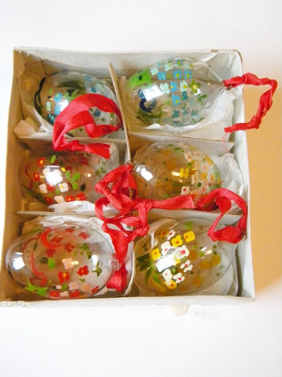 6 vintage painted glass eggs hand painted glass decorations