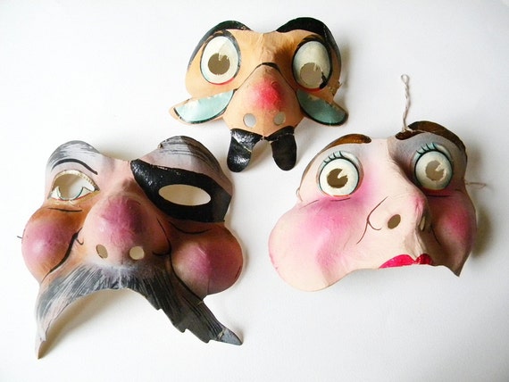 3 french masks vintage 1950's carnival masks