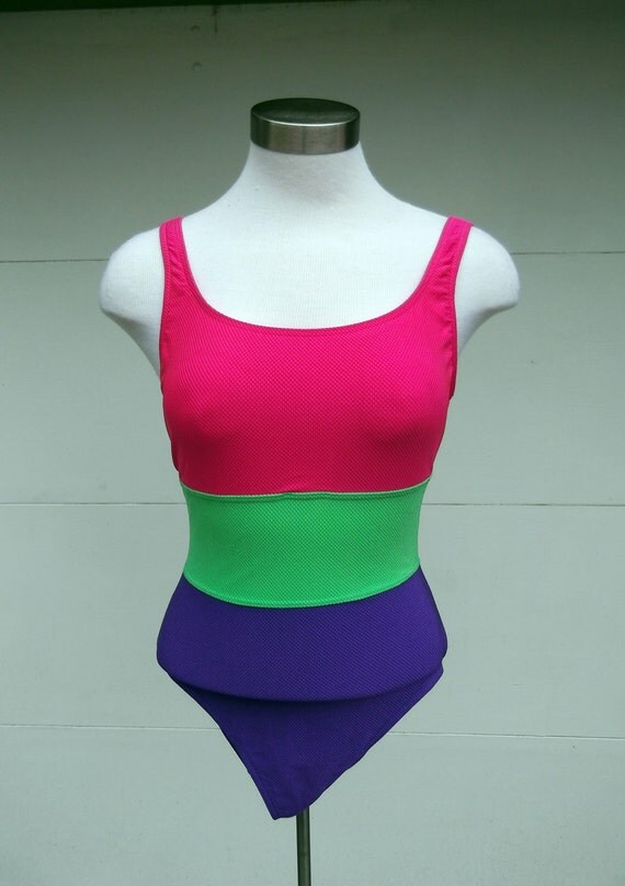 Vintage Neon Color Block Bathing Suit/One Piece Swimsuit
