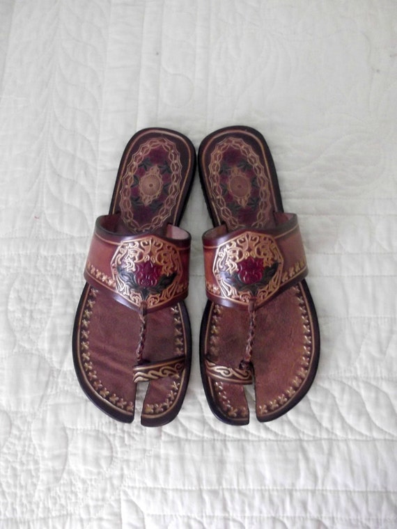 Items similar to Handtooled Leather Womens Boho Sandals / Ethnic Hippie ...