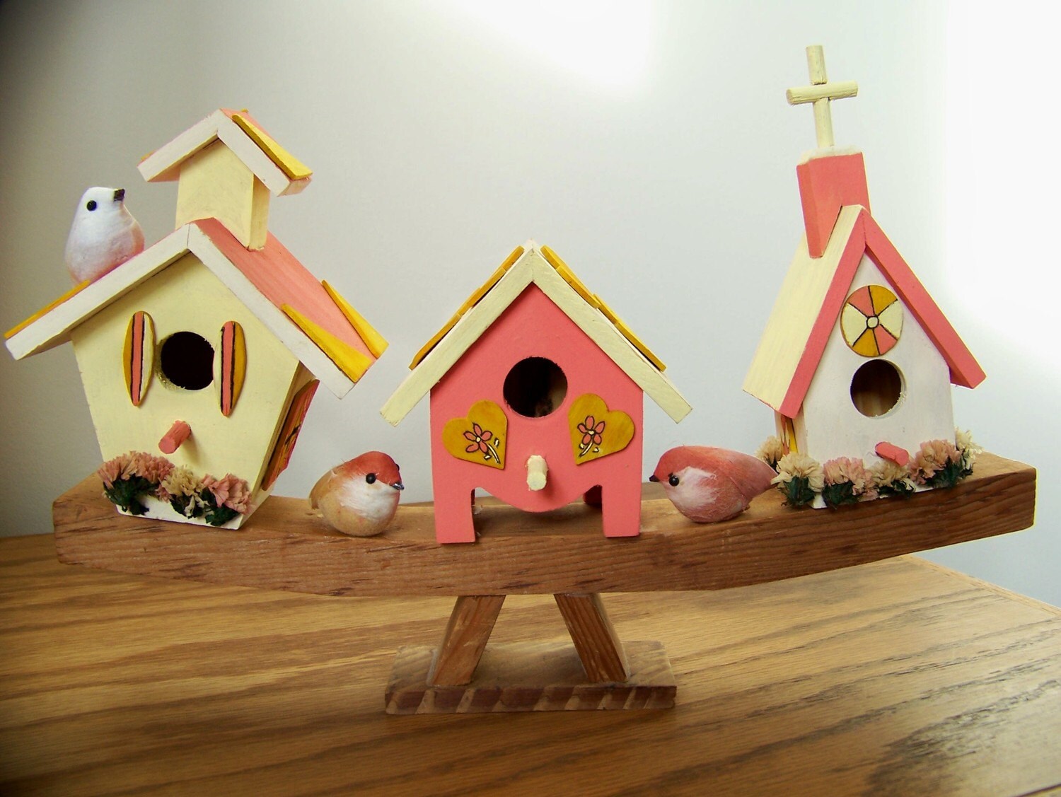 Sale Unique Birdhouse Village Three Houses & Birds on Base
