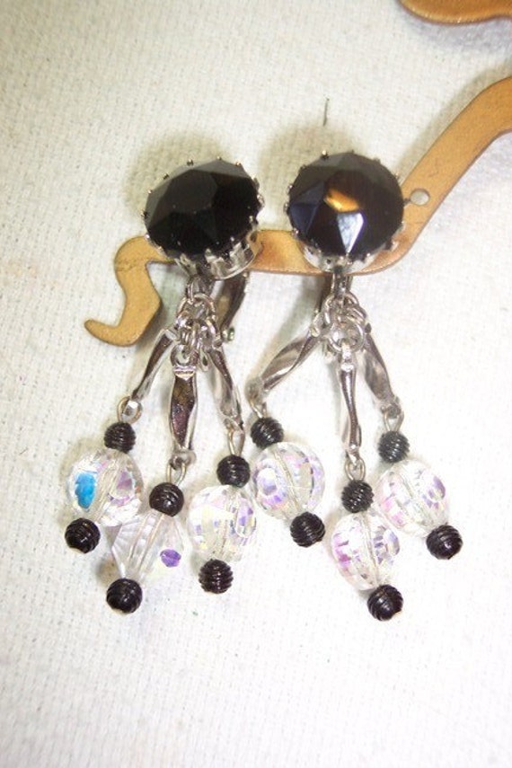 Vintage Long Dangle Clip On Earrings Black Crystal Glass