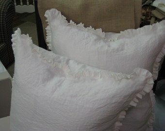 Pair of Washed Linen Euro Shams-1" Ruffled Edge-Vintage White Washed Linen-Ruffled Euro Shams-26x26 Shams-Zipper Closure