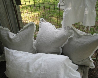 Set of 3...26" Euro Shams in Washed Linen-1" Ruffled Detail