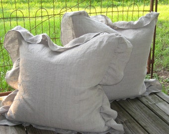 Pair of Washed Linen Euro Shams with 4" Ruffled Edge-Two Euro Size Ruffled Pillow Shams-26x26 Pillow Shams-Washed Linen Shams