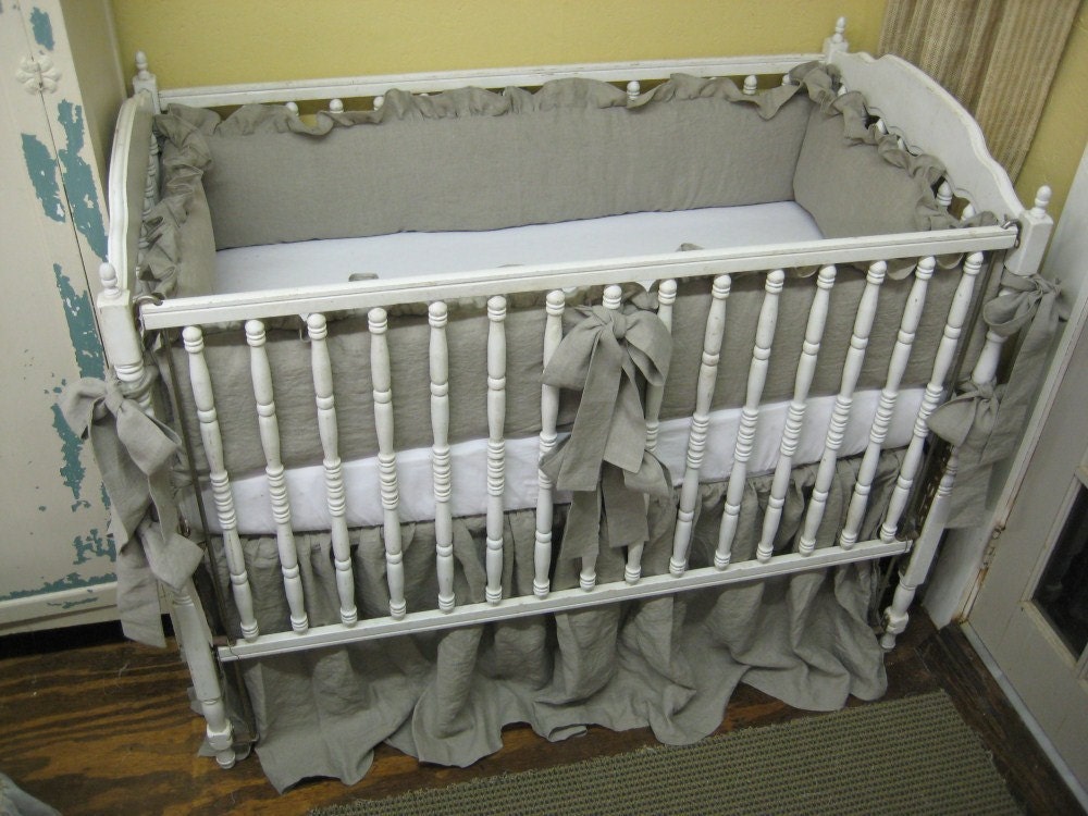 Natural Handkerchief Washed Linen Ruffled Crib Bedding for