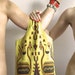 ISLANDERs BAG Vtg Fabric Bag In Warm Mustard Yellow with Incredible Aztec Tribal Polynesian Tiki Print of Wondrous Creatures