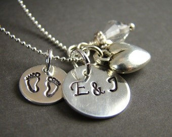 Expecting Mom Necklace, Pregnant Jewelry Mom Gift, Baby Feet Charm, Sterling Silver, Baby Shower Gift Idea, Birthstone Necklace