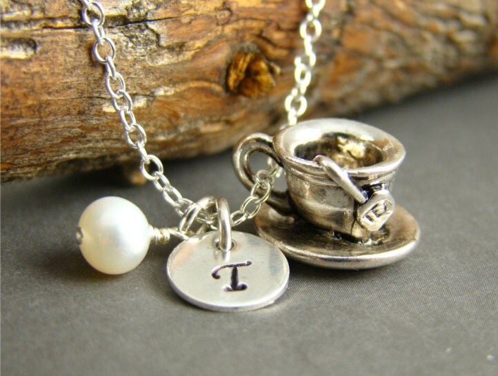 Personalized Tea Cup Pendant Necklace Initial Charm Necklace