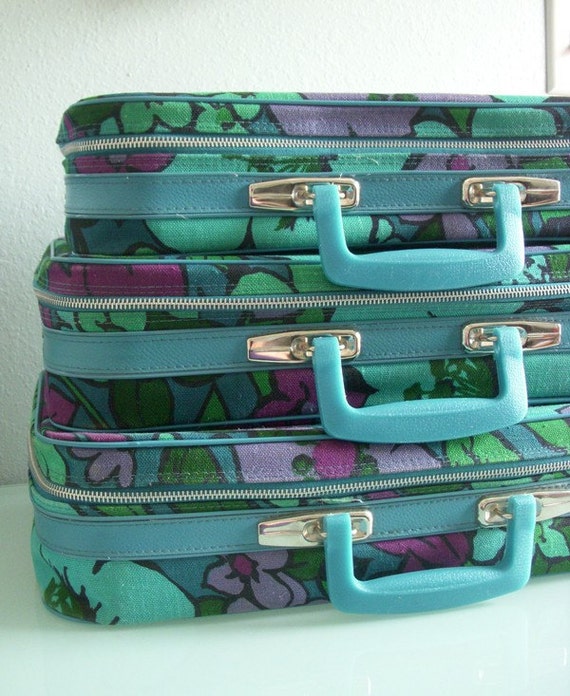 Vintage Floral Purple Teal Blue Green Flower Suitcase Set of