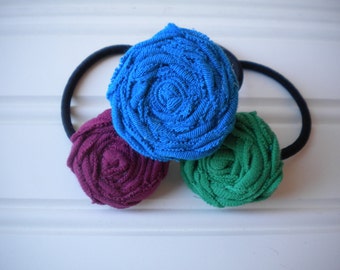 Set of Three Rolled Rosette Ponytail Holders in Solid Bold