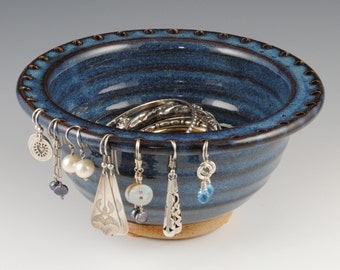 Jewelry Bowl - Earring Holder - Earring Bowl -Jewelry Organizer - Denim Blue Glaze - Earring Hanger - In Stock, Ready to Ship