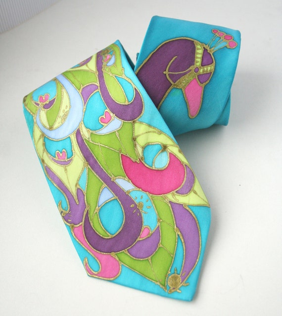 Silk  Necktie- Turquoise Peacock Hand Painted. Carnival Colors.