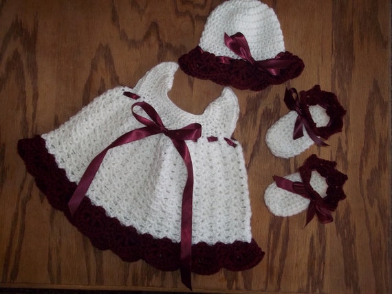 Snow Angel Dress in White with Burgandy Trim Crochet Baby