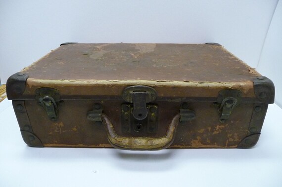 Vintage antique suitcase briefcase Metal corners hardware beat