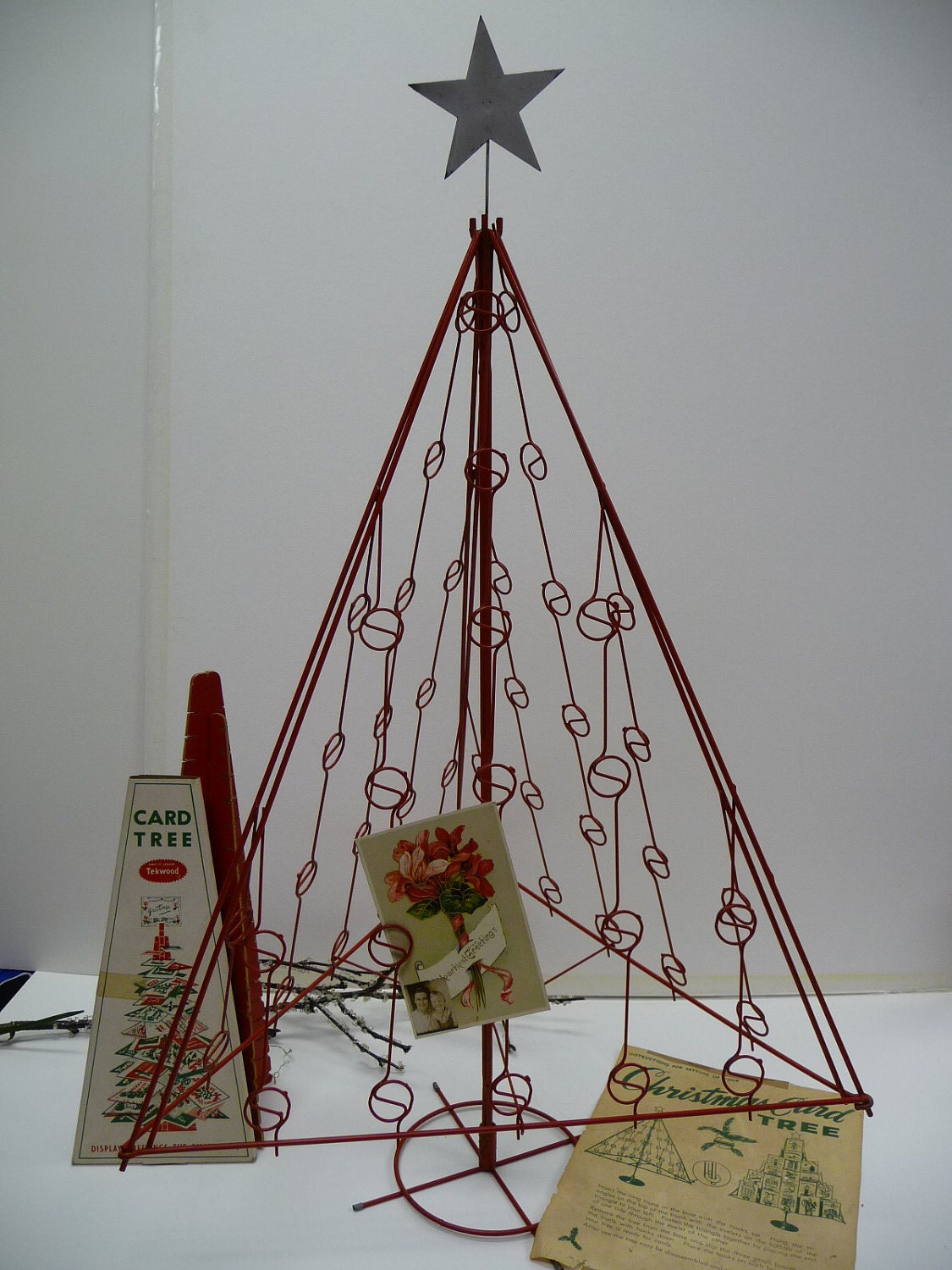 Vintage Red Metal Christmas Tree Card holder 32 inches tall
