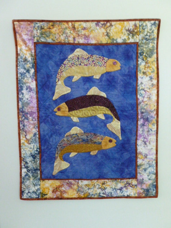 Quilt Koi Fish on Blue batik Wall hanging Hand by CaseysQuilts