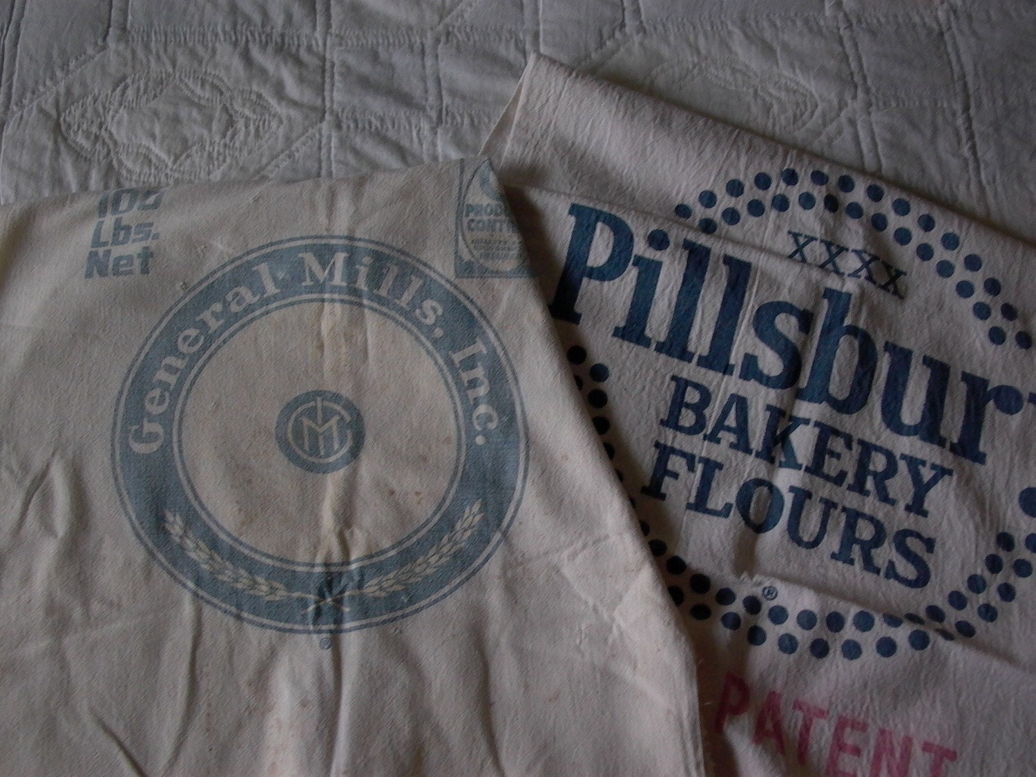2 vintage 100 lb flour sack pillsbury and General Mills