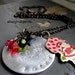 STRAWBERRY SHORTCAKE - stamped silver tag, pink & red crystal, vintage enamel metalwork charm chain NECKLACE