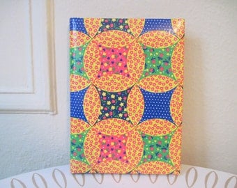 1960s MOD Quilted Country Calico Photo Album - vintage Guest Book - Swiss Dots, Tulips, and Daisies in bright yellow, red, green, & blue