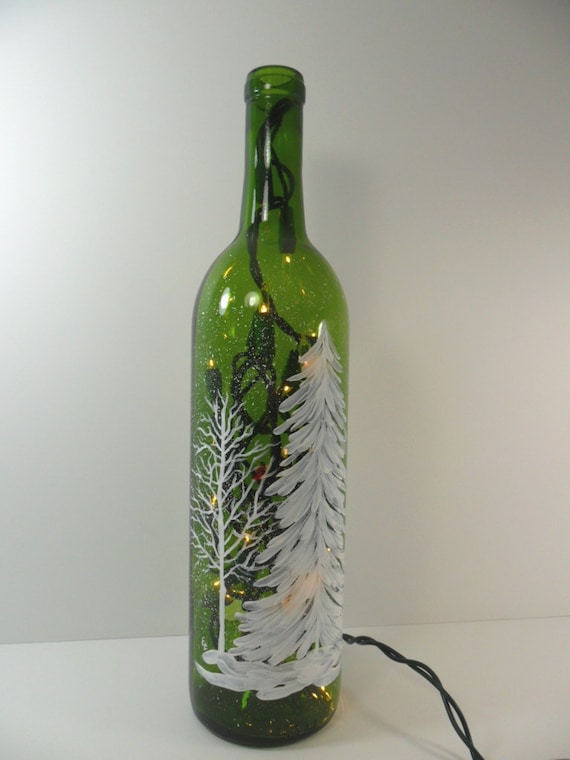 Lighted Wine Bottle White Forest Hand Painted 750 ml