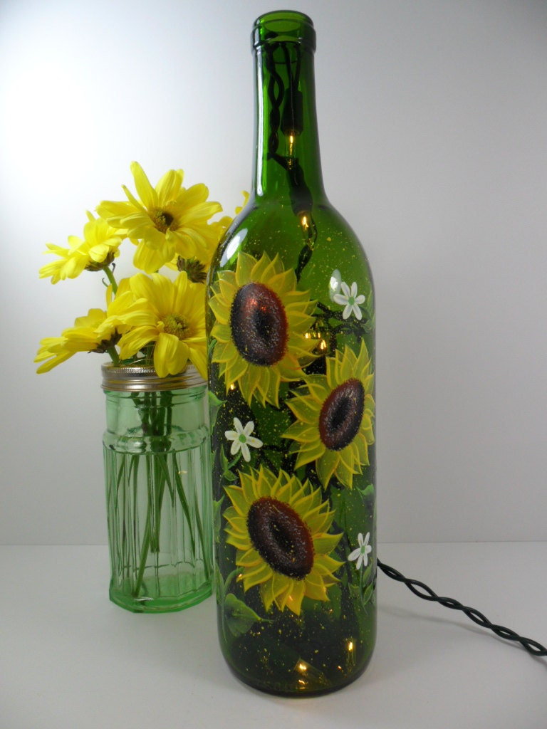 Lighted Wine Bottle Sunflowers Green Hand Painted 750 ml