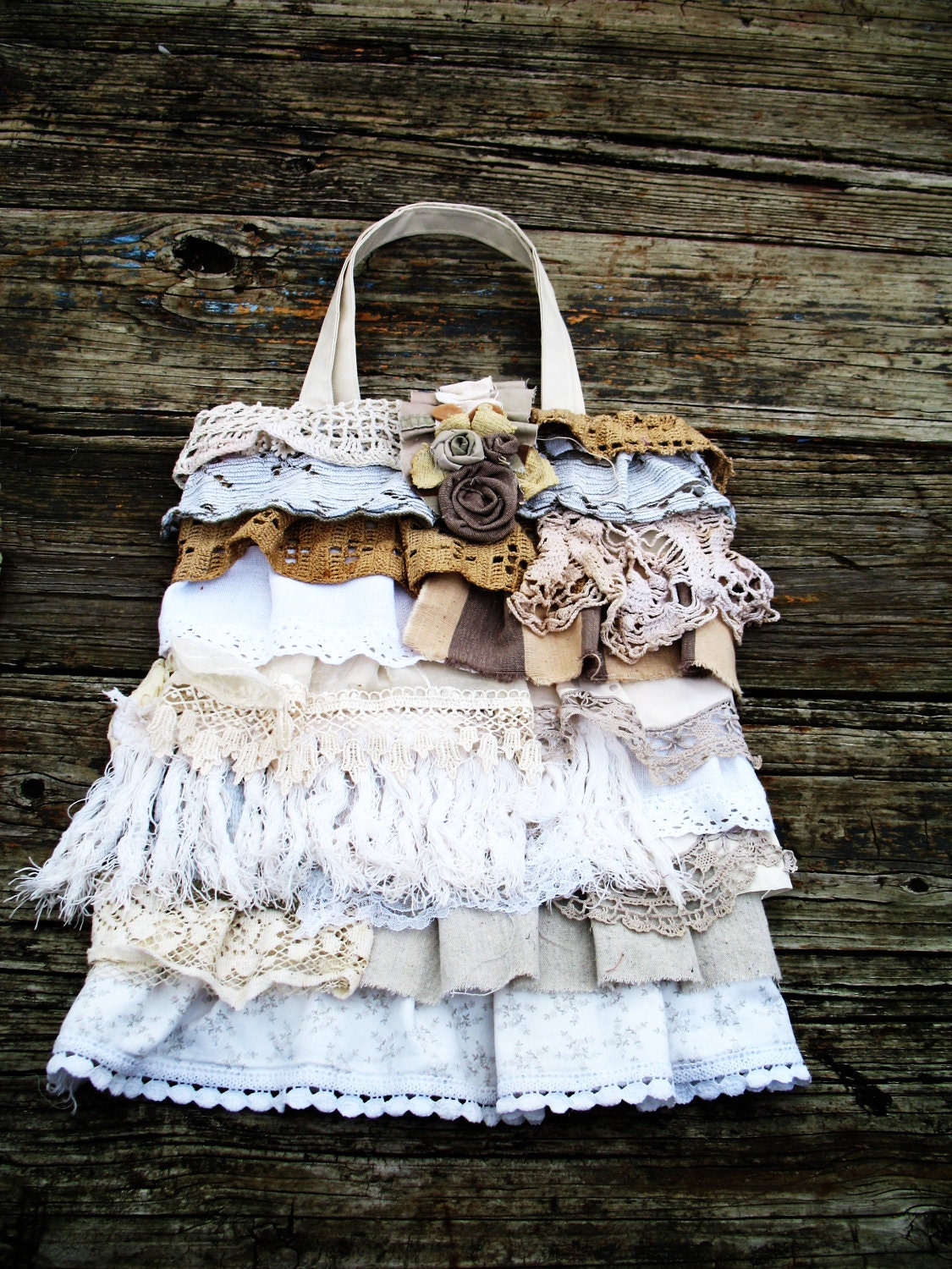 Ruffles and Lace Upcycled Tote Bag Purse in Neutral Tones