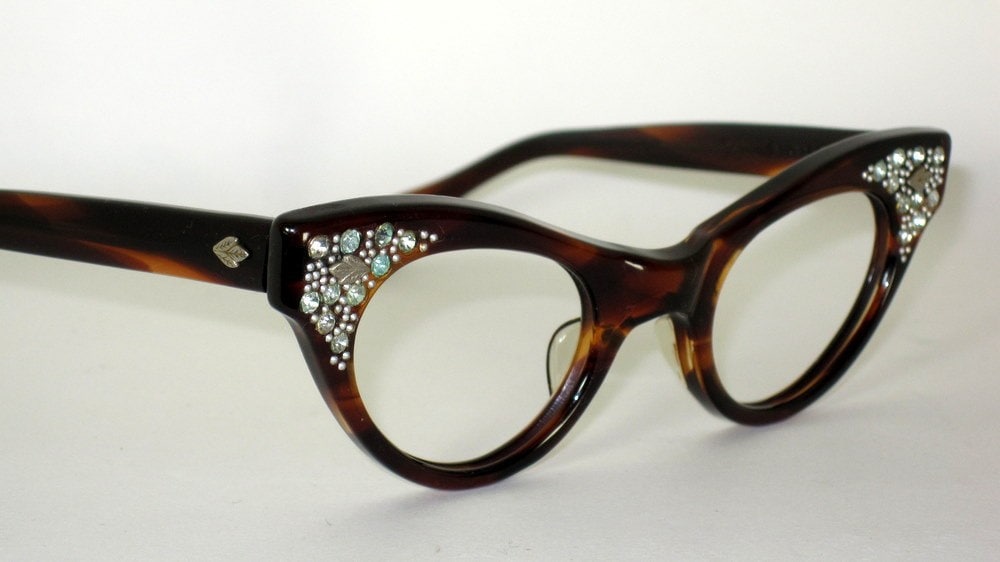 Vintage 50s Cat Eye Glasses With Large Rhinestones 