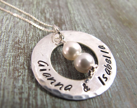 Twins Triplets Hand Stamped Silver Personalized Mommy Necklace - Two or Three Names - Gift for New Mom or Grandma