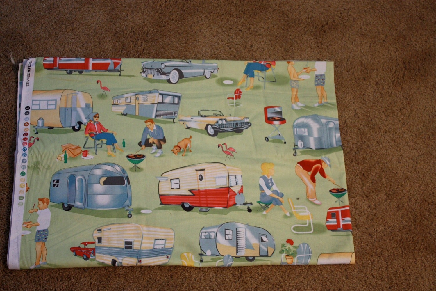 Retro camping fabric complete with flamings and airliners