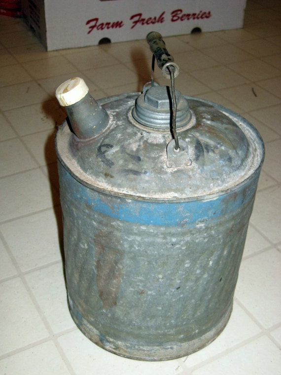 Old Galvanized METAL GAS CAN 2 Gal...Industrial... Repurpose