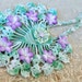 vintage green crochet lace bag with millinery lavender color violets pearls ribbon flower