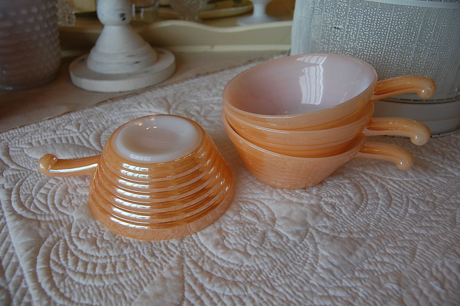 Vintage Fire King Oven Ware Bowl With Handle Peach Lustre 4