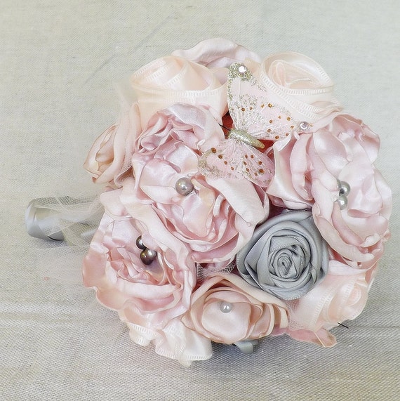 Pale Pink and Grey Satin Bridal Bouquet -small