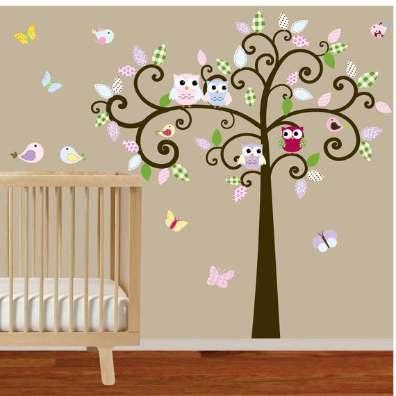 Items similar to Curly Tree Vinyl Decal with Owls and Birds Nursery ...