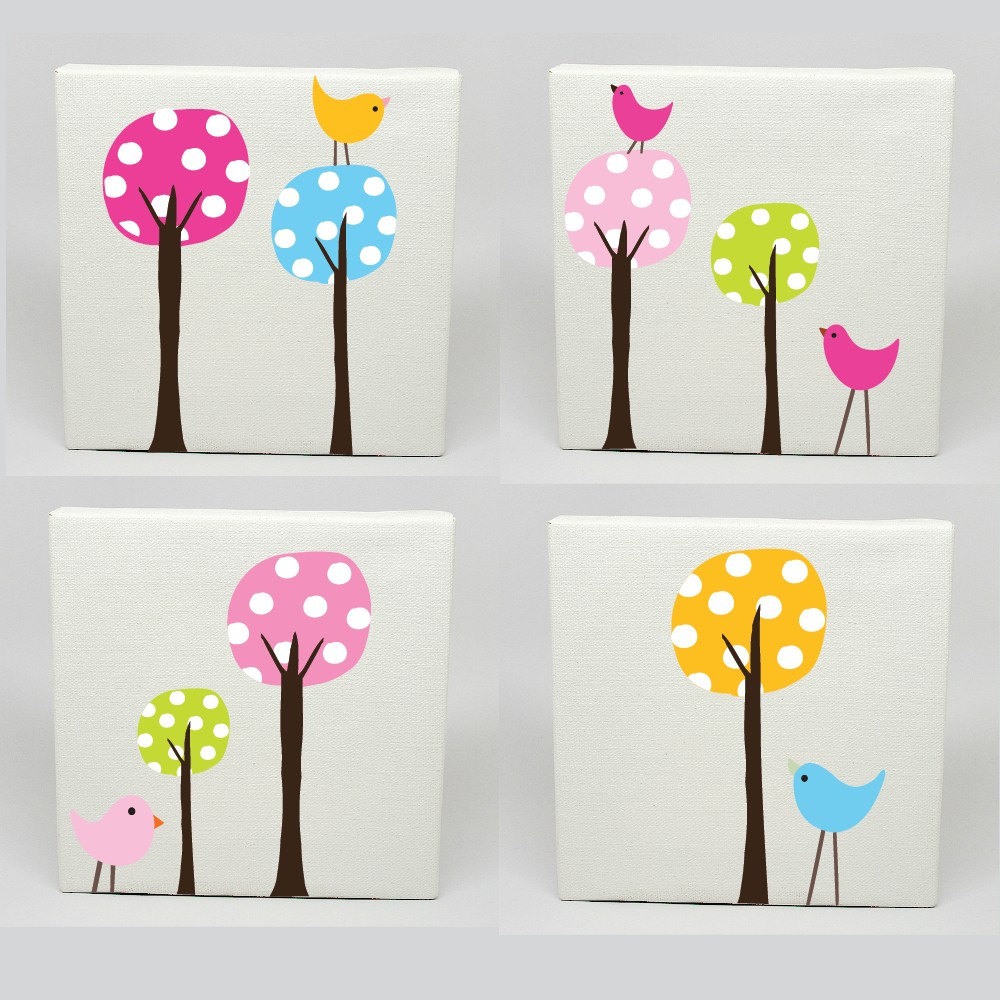 Kids Canvas Art Set of 4 Polka Dot Tree Birds Nursery