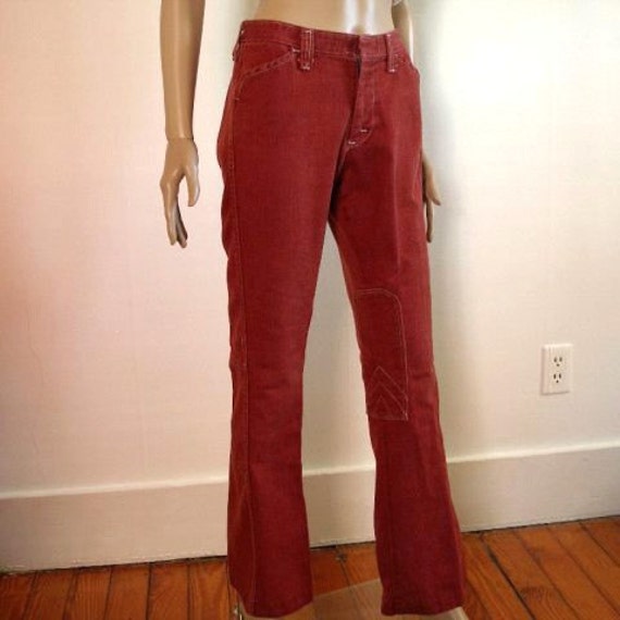 1970s Hip Hugger Bell Bottom Jeans Maroon Denim