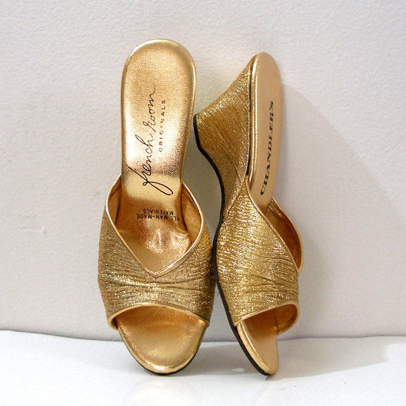 1950s Wedge High Heel Shoes Slides GOLD LAME by LookAgainVintage