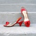 Vintage 1960s Kitten Heels Red Leather Clear Vinyl Slingback Sandals Shoes / 6 to 6.5 N