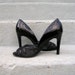 1980s High Heels / 80s Black Patent Mesh Open Toes / Four Inch Heels / Size 10 M
