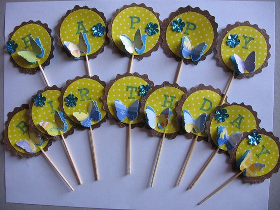 Items similar to Happy Birthday Butterfly Cupcake Decoration Toppers on