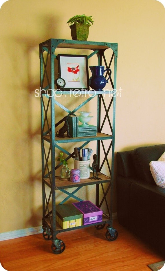 French Industrial X Brace Shelf Bookcase on Casters